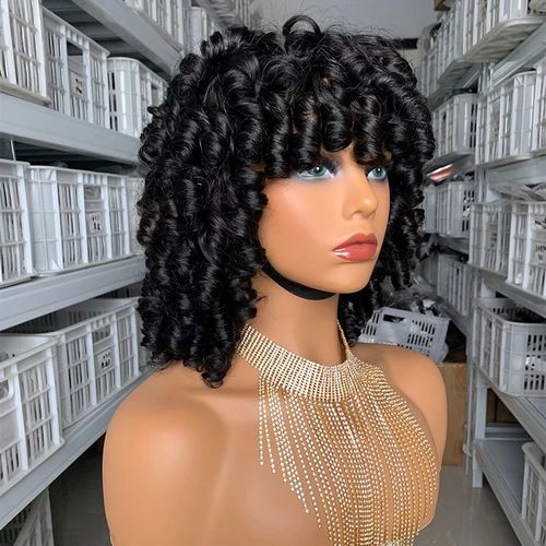 180% Density Curly Short Bob with Bangs Wig Human Hair Brazilian Hair Extensions Coily Hair Care 