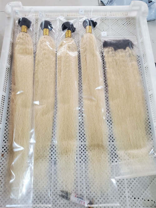 #1B/613 Blonde Kinky Straight Sew In Hair Weft with Lace FRONTALS Kinky Straight Sew In Hair Weft Coily Hair Care