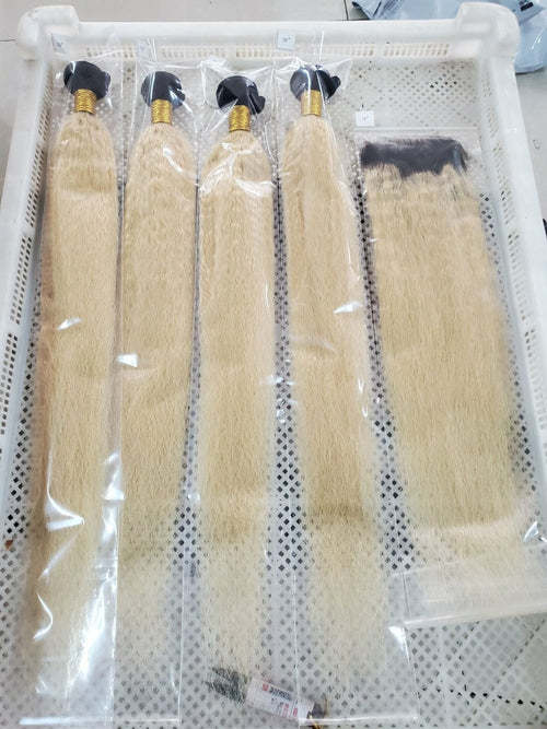 #1B/613 Blonde Kinky Straight Sew In Hair Weft with Lace FRONTALS Kinky Straight Sew In Hair Weft Coily Hair Care