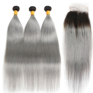 1B grey bundles with fontal straight hair weave weft hair