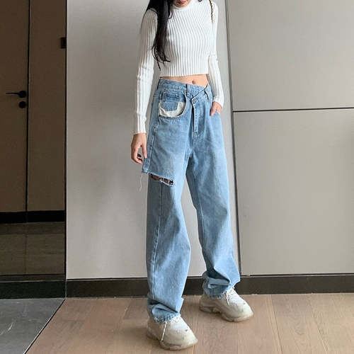 Asymmetrical Waist Hole In Side Women’s Straight Jeans Pants Pants AliExpress 