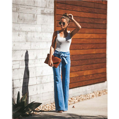 Blue Tie Waist Flare Jeans Women Denim Trousers Jeans Coily Hair Care