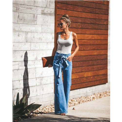 Blue Tie Waist Flare Jeans Women Denim Trousers Jeans Coily Hair Care