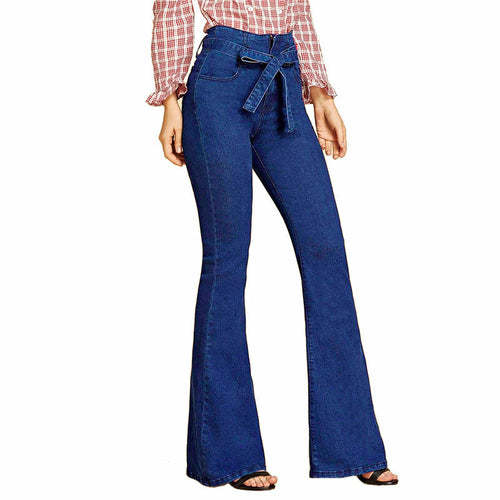 Blue Tie Waist Flare Jeans Women Denim Trousers Jeans Coily Hair Care