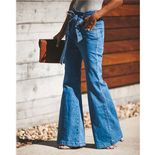 Blue Tie Waist Flare Jeans Women Denim Trousers Jeans Coily Hair Care