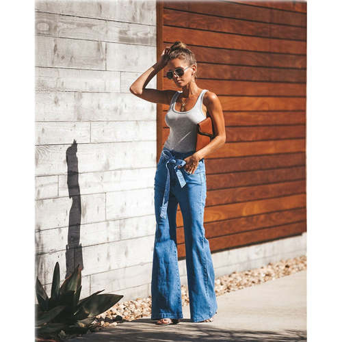 Blue Tie Waist Flare Jeans Women Denim Trousers Jeans Coily Hair Care
