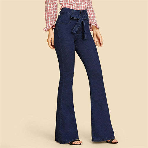 Blue Tie Waist Flare Jeans Women Denim Trousers Jeans Coily Hair Care