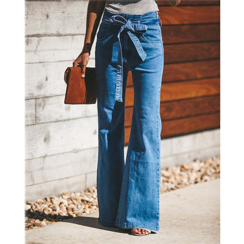Blue Tie Waist Flare Jeans Women Denim Trousers Jeans Coily Hair Care