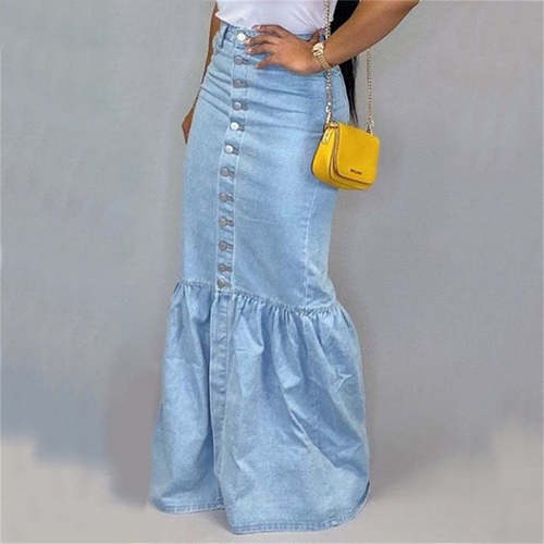 Denim Button Embellished Floor Length Mermaid Skirt Skirts Coily Hair Care