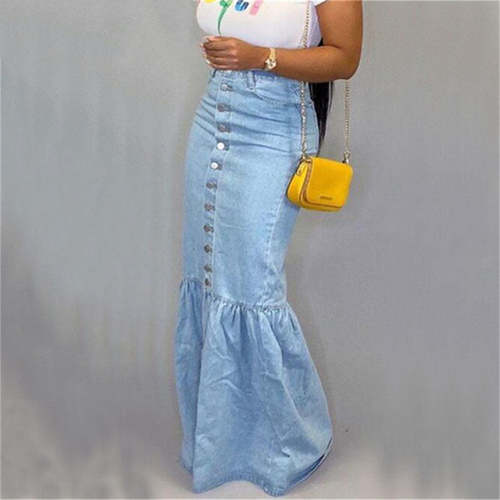 Denim Button Embellished Floor Length Mermaid Skirt Skirts Coily Hair Care