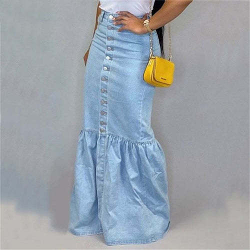 Denim Button Embellished Floor Length Mermaid Skirt Skirts Coily Hair Care
