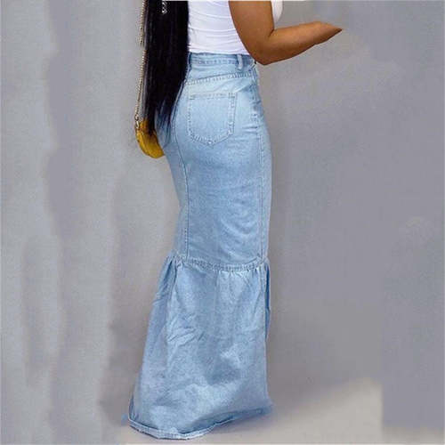 Denim Button Embellished Floor Length Mermaid Skirt Skirts Coily Hair Care