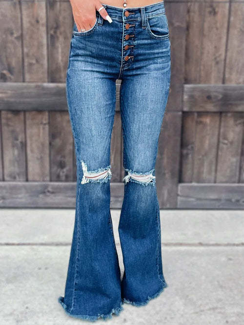 Distressed Washed Knee Cut Ripped Long Flare Jeans Jeans Coily Hair Care