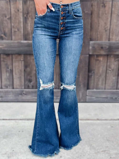 Distressed Washed Knee Cut Ripped Long Flare Jeans Jeans Coily Hair Care