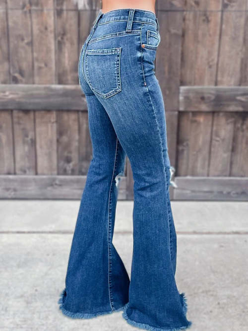 Distressed Washed Knee Cut Ripped Long Flare Jeans Jeans Coily Hair Care
