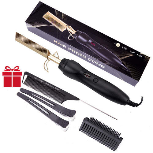 Electric Hot Comb Hair Straightener Flat Iron Kit Hair Styling Tool Set Coily Hair Care
