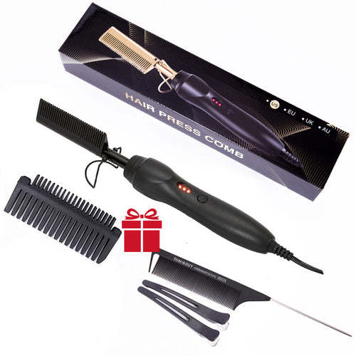 Electric Hot Comb Hair Straightener Flat Iron Kit Hair Styling Tool Set Coily Hair Care