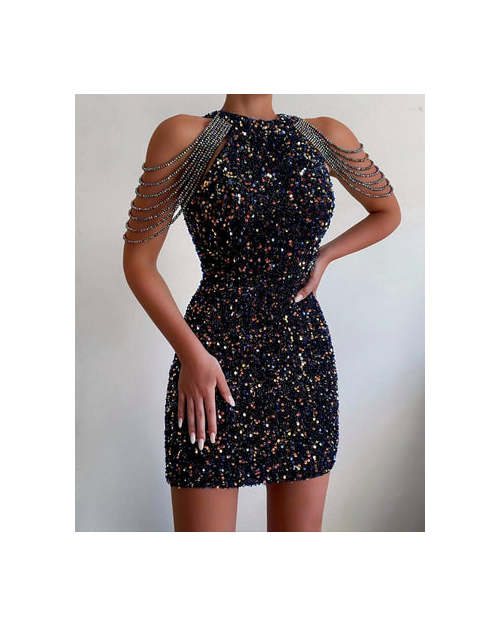 Hanging Neck Sexy Crystal Tassel Bag Hip Sequin Dress Dresses Coily Hair Care