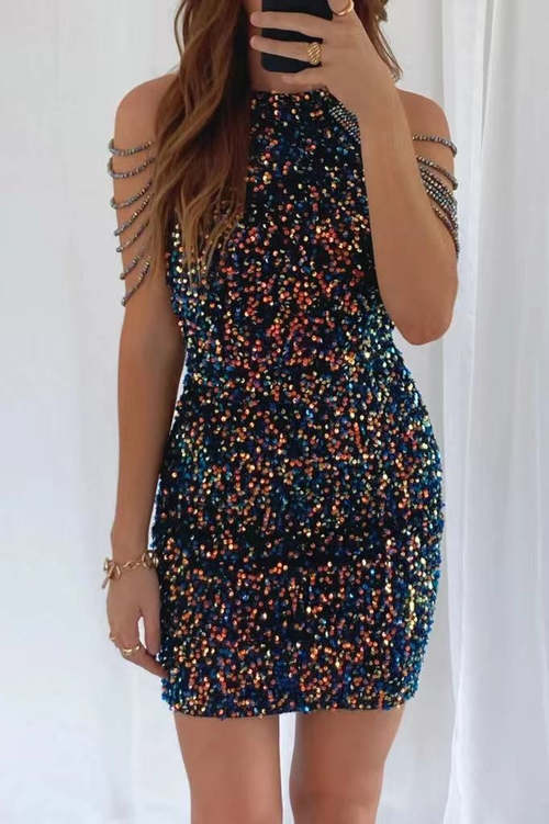 Hanging Neck Sexy Crystal Tassel Bag Hip Sequin Dress Dresses Coily Hair Care