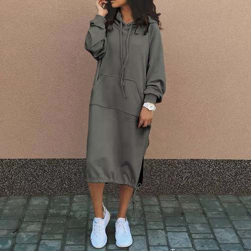 Hooded Drawstring Hem Casual Sweat Shirt Dress Women's Dress Coily Hair Care