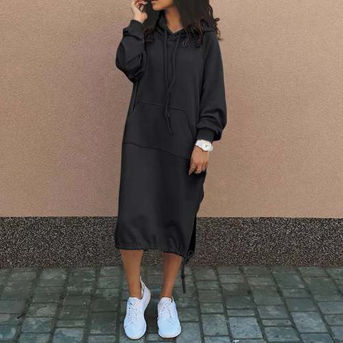 Hooded Drawstring Hem Casual Sweat Shirt Dress Women's Dress Coily Hair Care