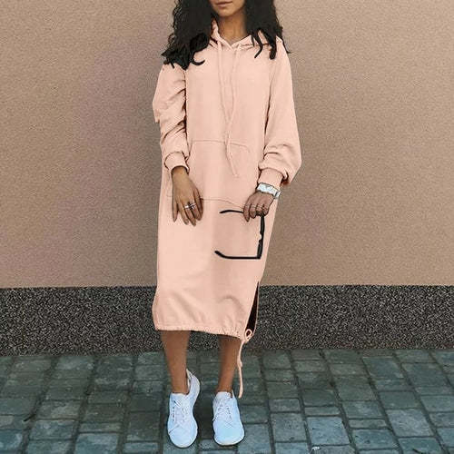 Hooded Drawstring Hem Casual Sweat Shirt Dress Women's Dress Coily Hair Care