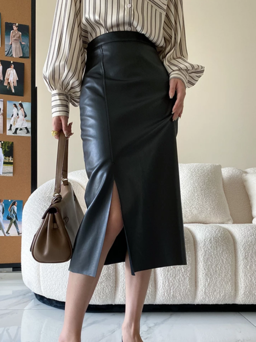 Side Slit High Waist Mid Calf Leather Skirt