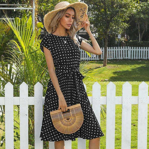 Polka Dot Casual Belted Knee Length Dress Dresses Coily Hair Care
