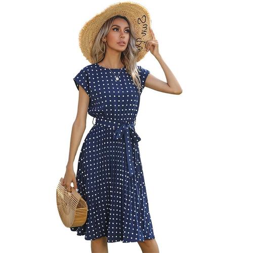 Polka Dot Casual Belted Knee Length Dress Dresses Coily Hair Care