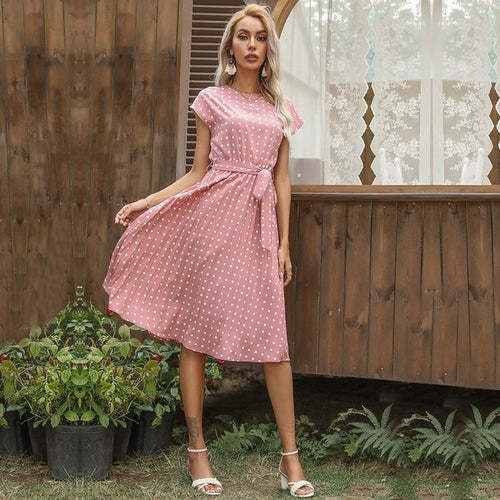 Polka Dot Casual Belted Knee Length Dress Dresses Coily Hair Care