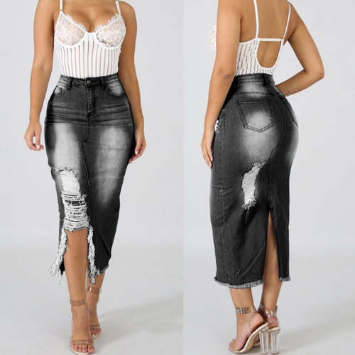 Women's Distressed Ripped Split Denim Skirt Pants AliExpress