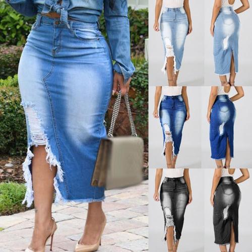 Women's Distressed Ripped Split Denim Skirt Pants AliExpress