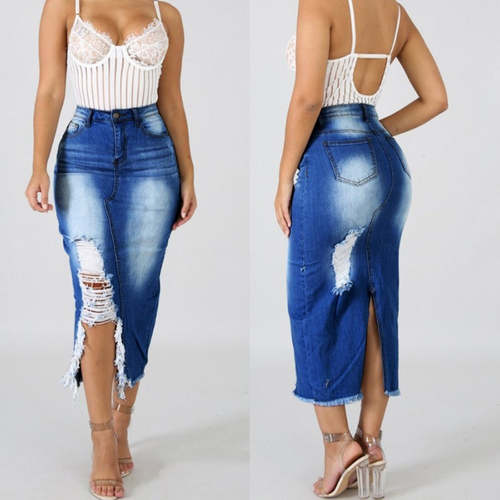 Women's Distressed Ripped Split Denim Skirt Pants AliExpress