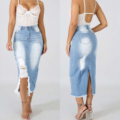 Women's Distressed Ripped Split Denim Skirt Pants AliExpress