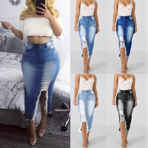 Women's Distressed Ripped Split Denim Skirt Pants AliExpress