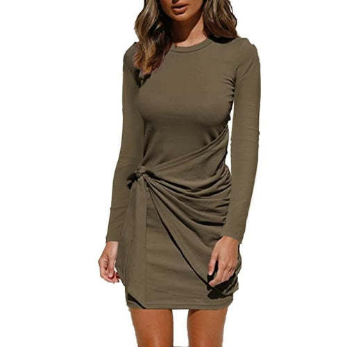 Women's Loose Casual Front Tie Long Sleeve Bandage Dress Dresses Coily Hair Care
