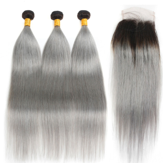 1B grey bundles with fontal  straight hair weave weft hair 