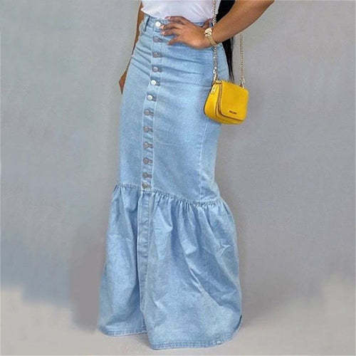 Denim Button Embellished Floor Length Mermaid Skirt Skirts Coily Hair Care 