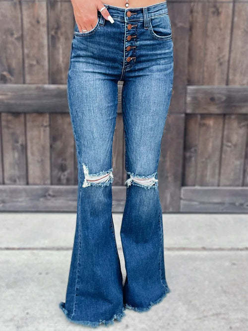 Distressed Washed Knee Cut Ripped Long Flare Jeans Jeans Coily Hair Care 