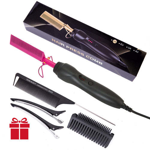 Electric Hot Comb Hair Straightener Flat Iron Kit Hair Styling Tool Set Coily Hair Care 