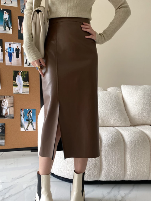 Side Slit High Waist Mid Calf Leather Skirt