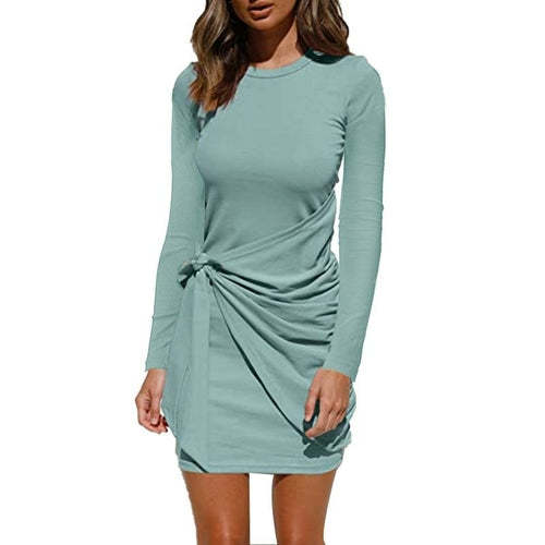 Women's Loose Casual Front Tie Long Sleeve Bandage Dress Dresses Coily Hair Care 