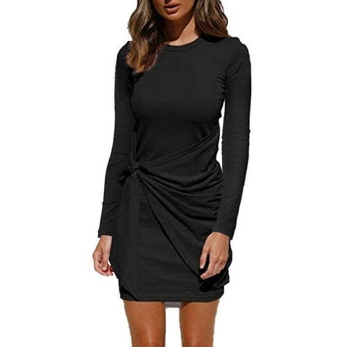 Women's Loose Casual Front Tie Long Sleeve Bandage Dress Dresses Coily Hair Care 